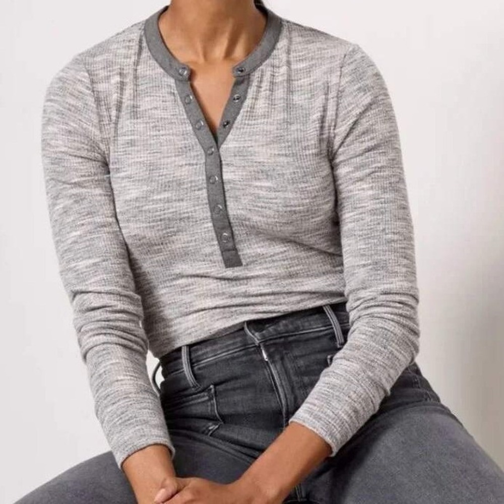 Evereve Knox Marl Henley Top Womens XS Heather Grey Long Sleeve Lounge Casual